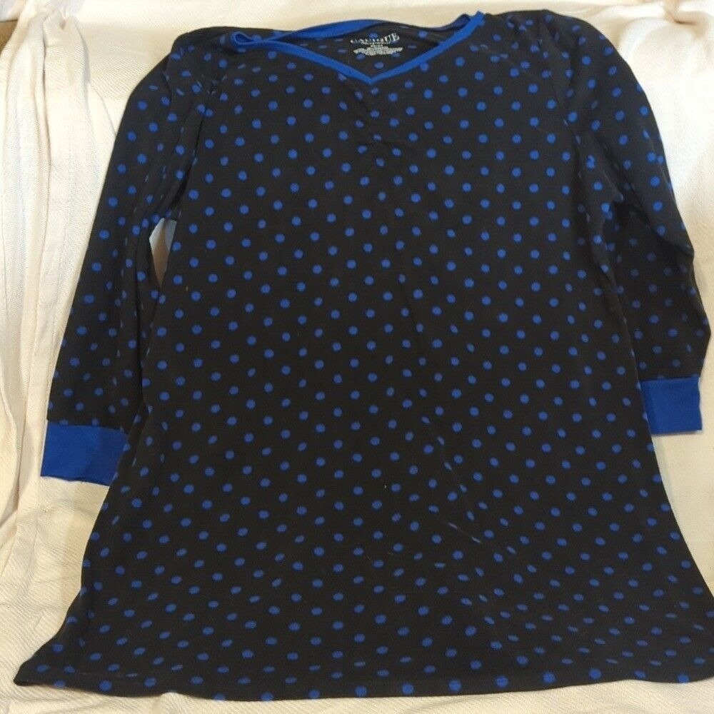 Cacique Nightgown Women 22/24 Black Blue Polka Dot Fleece V-Neck Long 522